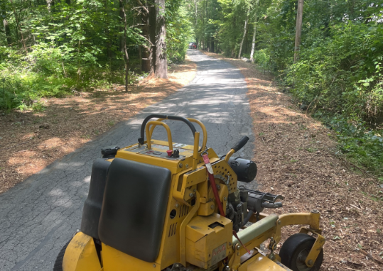 Professional leaf blower equipment on wooded trail for debris removal